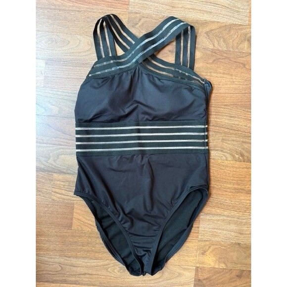 Kenneth Cole Black One Piece MED Cross Neck Illusion Mesh Swimsuit Bathing Suit - Picture 1 of 11